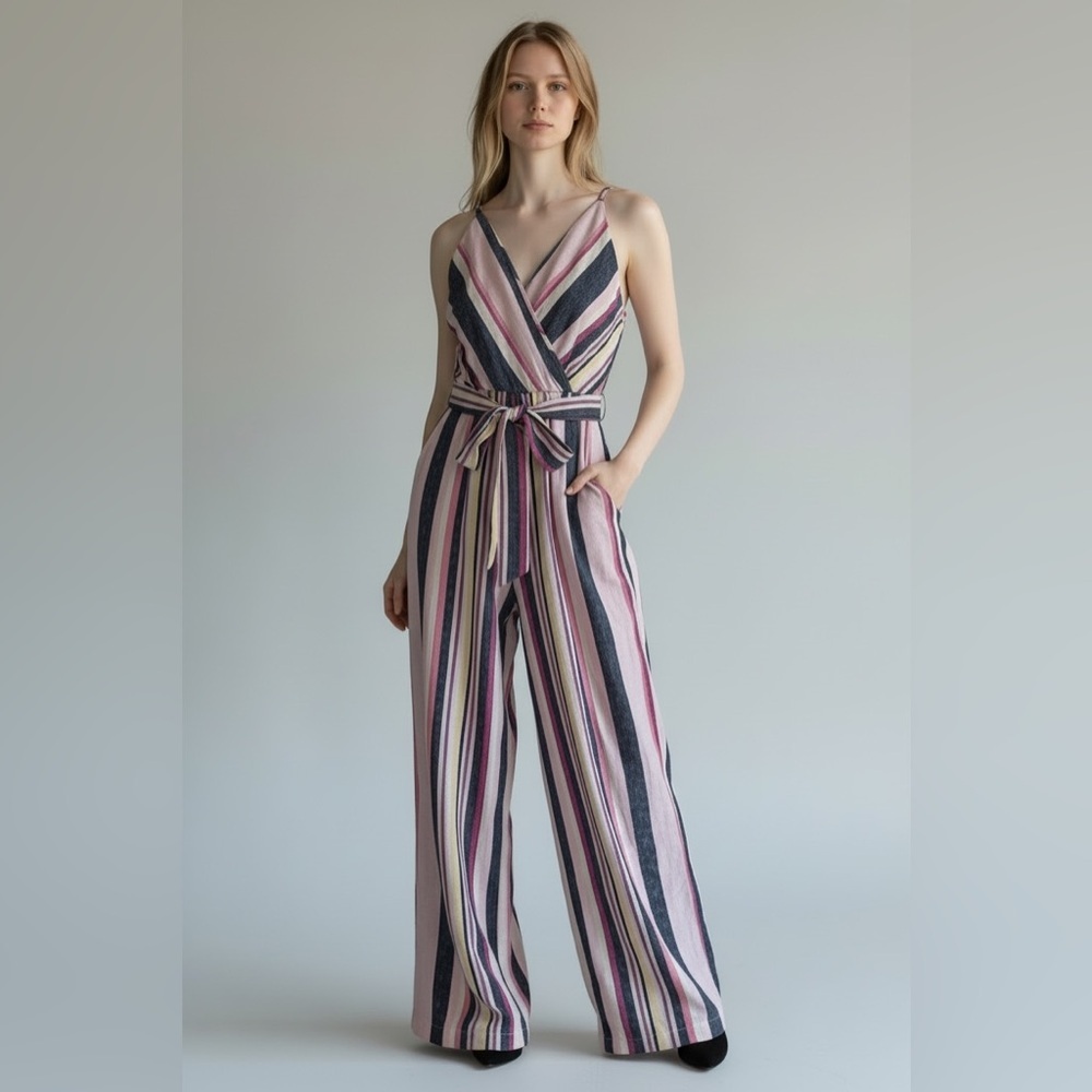 2/$30 ECI New York Linen Boho Striped Jumpsuit with Belt in Pastel Colors